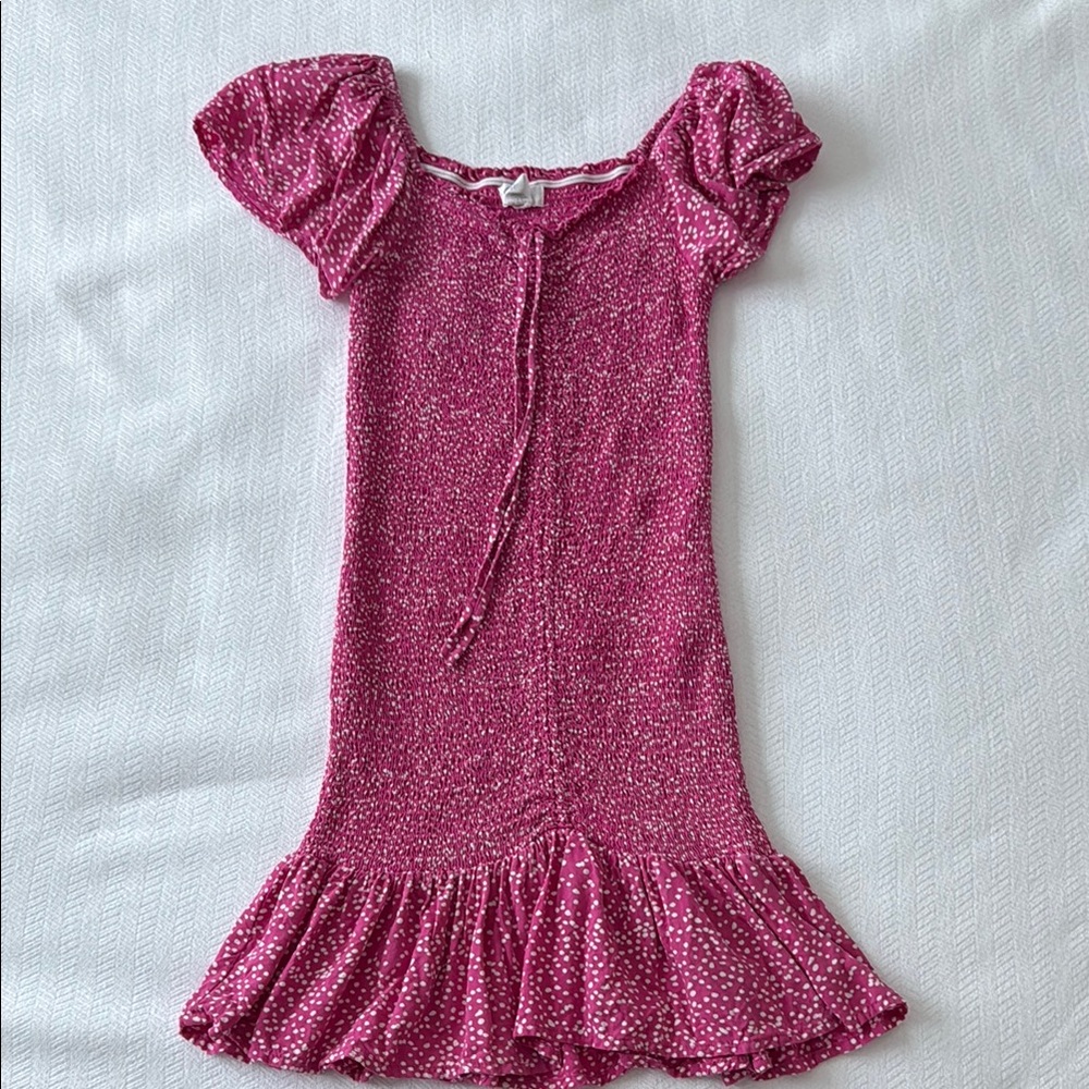 Pink Ruffled Tie Front Shirred Dress Size XS